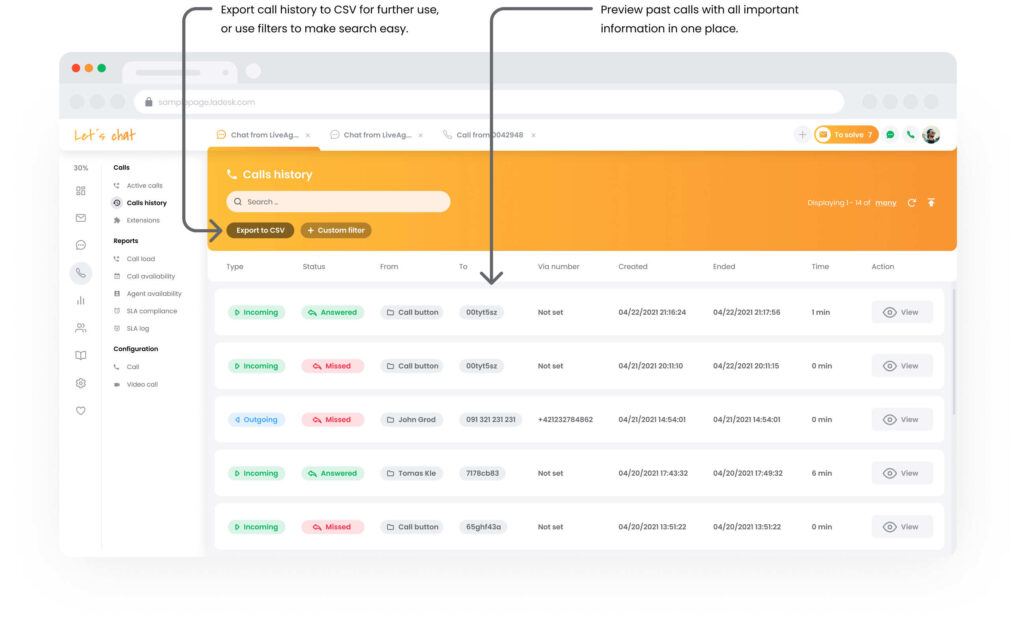 Funkce historie hovorů v call centru LiveAgent
