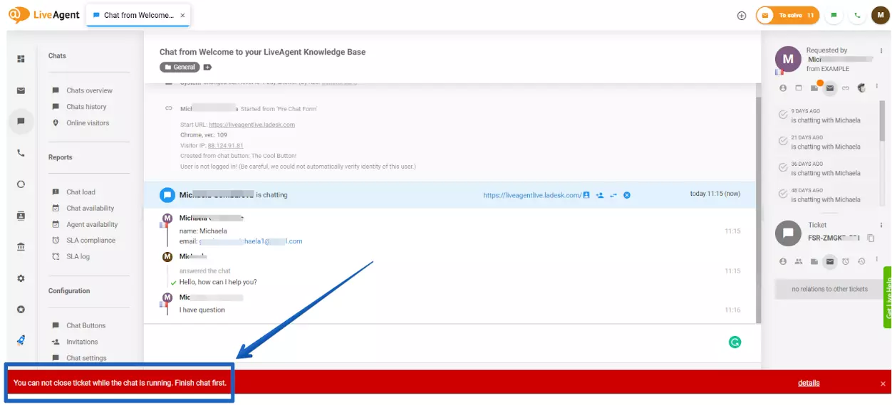 LiveAgent - upozornění na nevyřešený chat