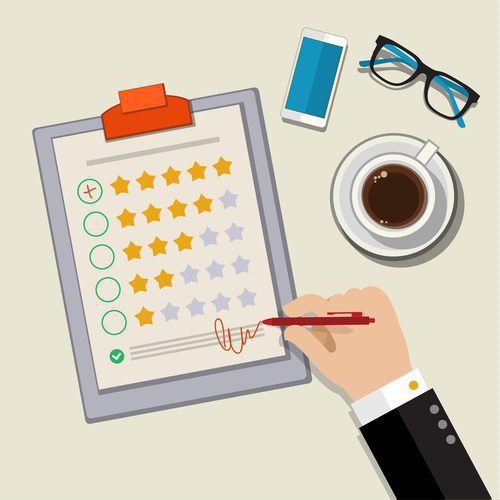 Ilustrace zpětné vazby zákazníků - Ruka kontrolující výbornou značku v průzkumu