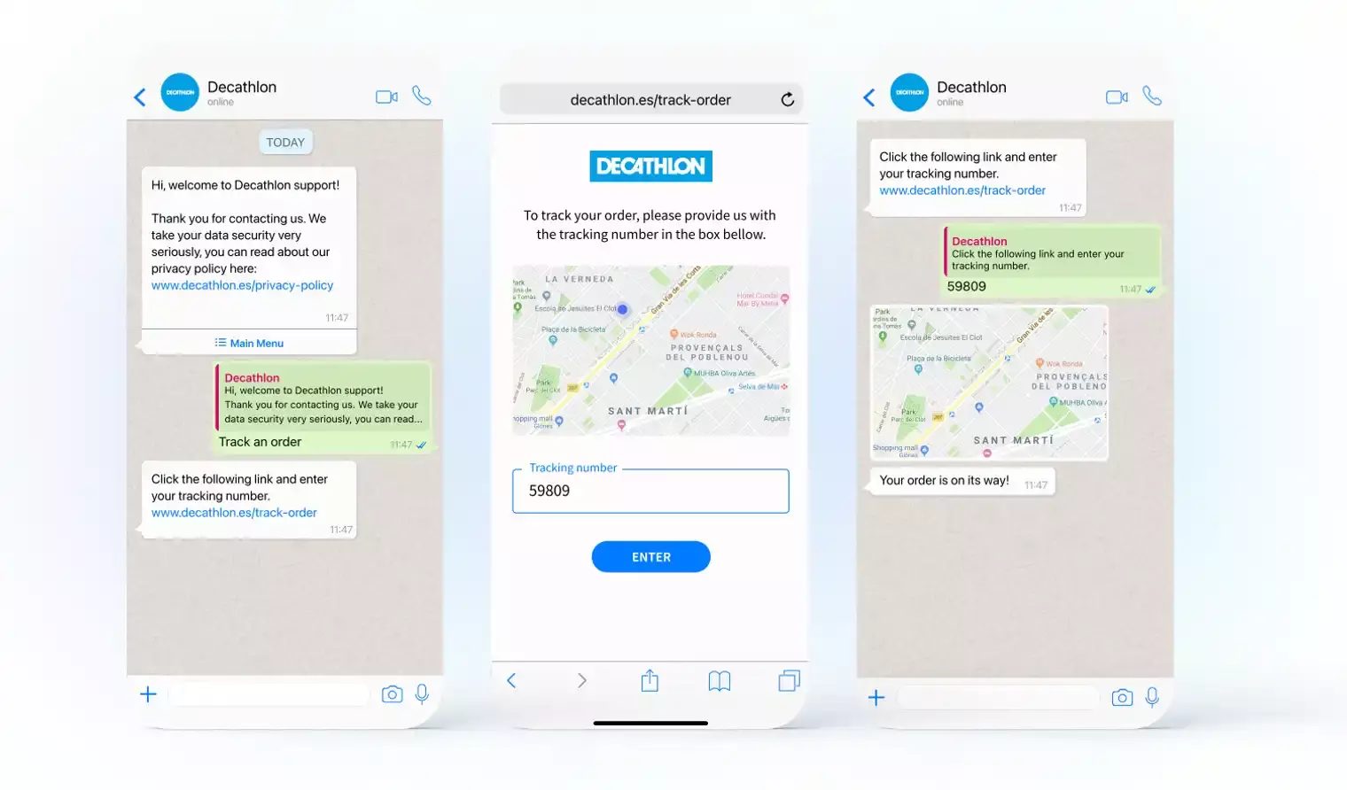 Možnosti živého chatu Decathlon prostřednictvím WhatsApp pro sledování objednávek