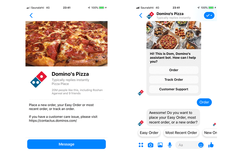 Živý chat Domino's Pizza Messenger pro zadávání objednávek
