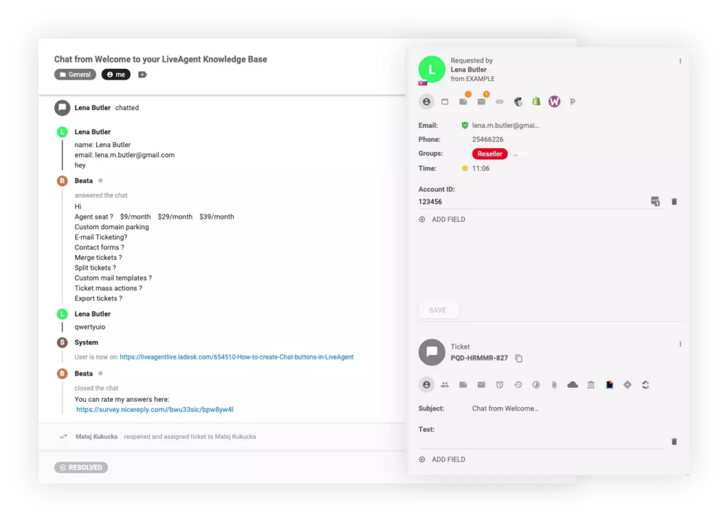 Funkce hybridního toku lístků LiveAgent s CRM