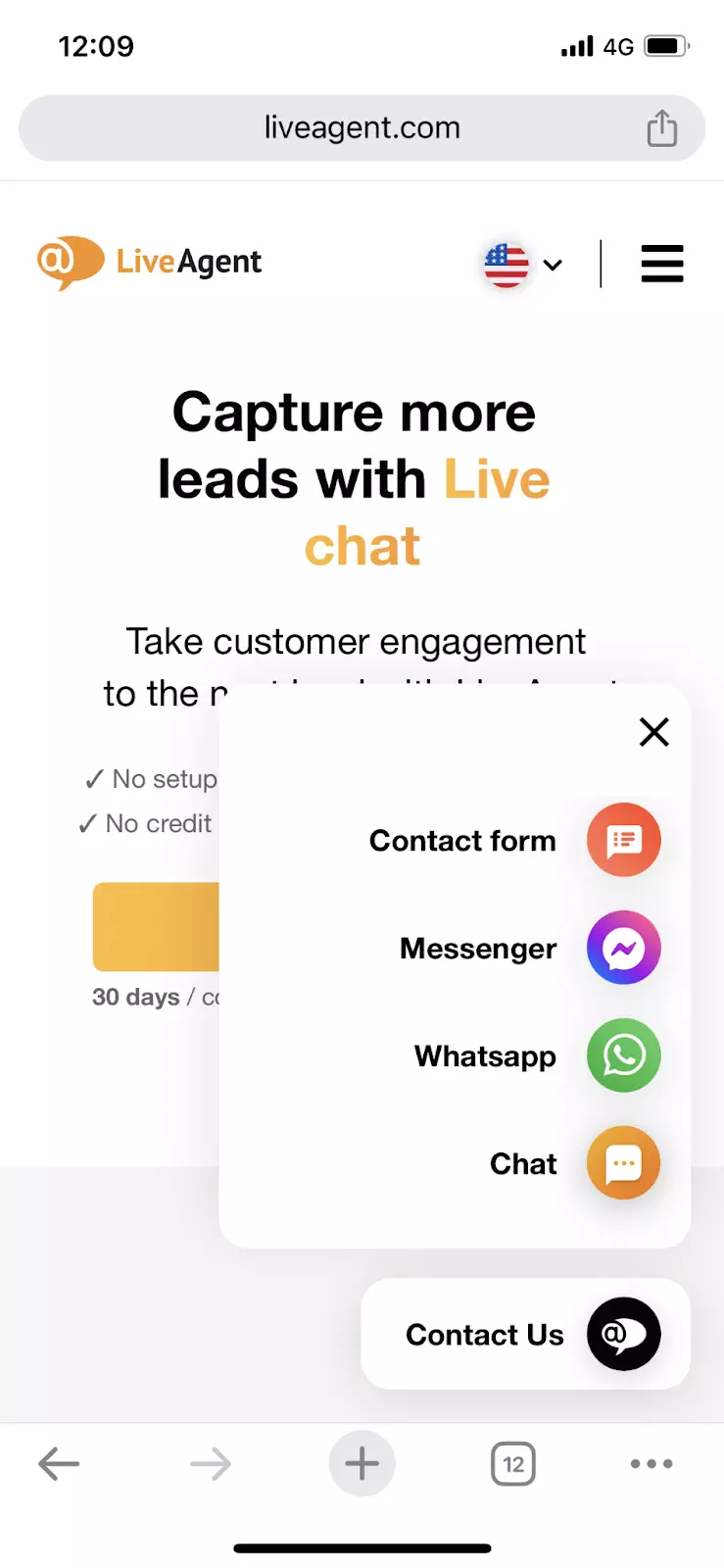 Widget živého chatu LiveAgent na mobilním zařízení zobrazující více kanálů