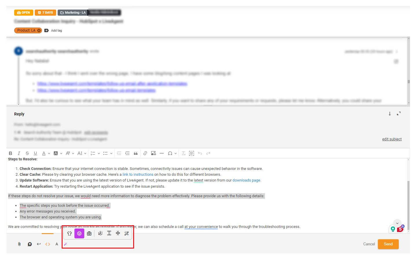 Obrázek zvýrazněné funkce AI Assistant v lístku podpory