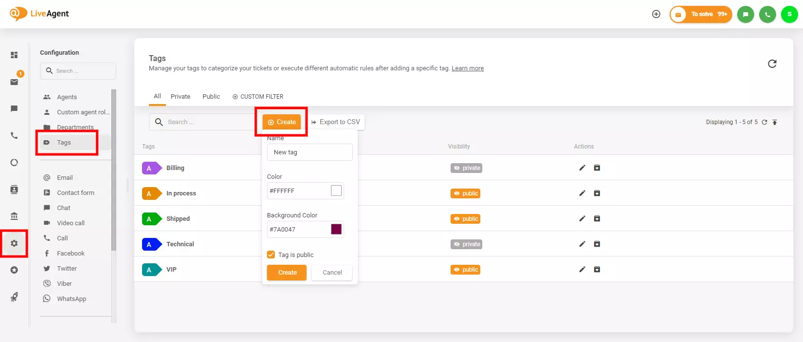 Obrázek ukazuje, kde najít a vytvořit značky v LiveAgent