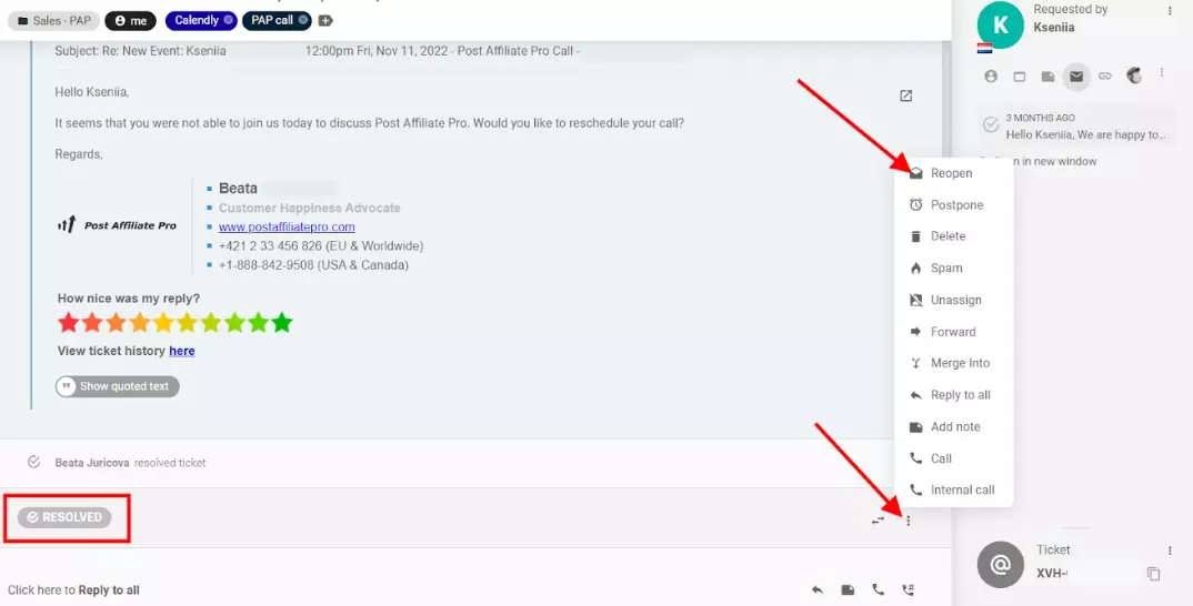 LiveAgent znovu otevřít lístek