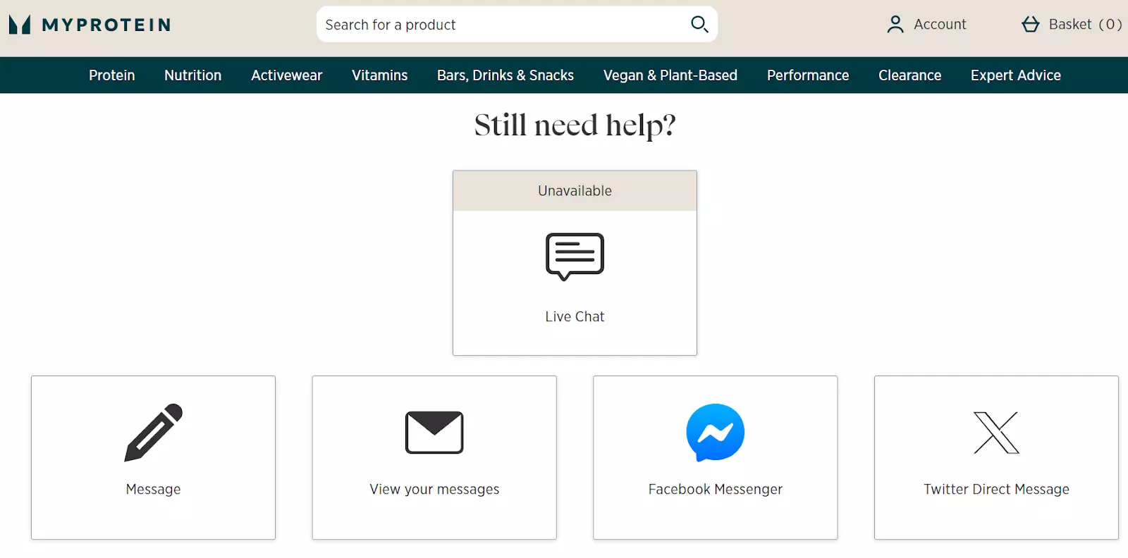 Stránka podpory MyProtein s komunikačními kanály