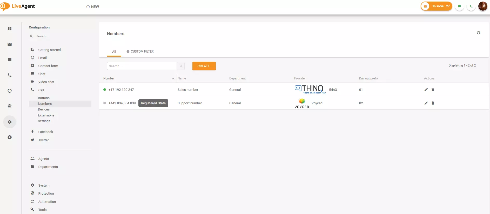 Sekce Čísla v LiveAgent