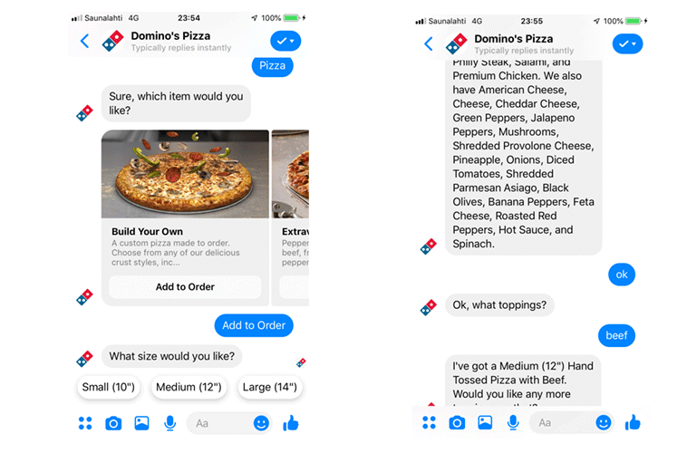 Pokračování procesu objednávání živého chatu Domino's Pizza