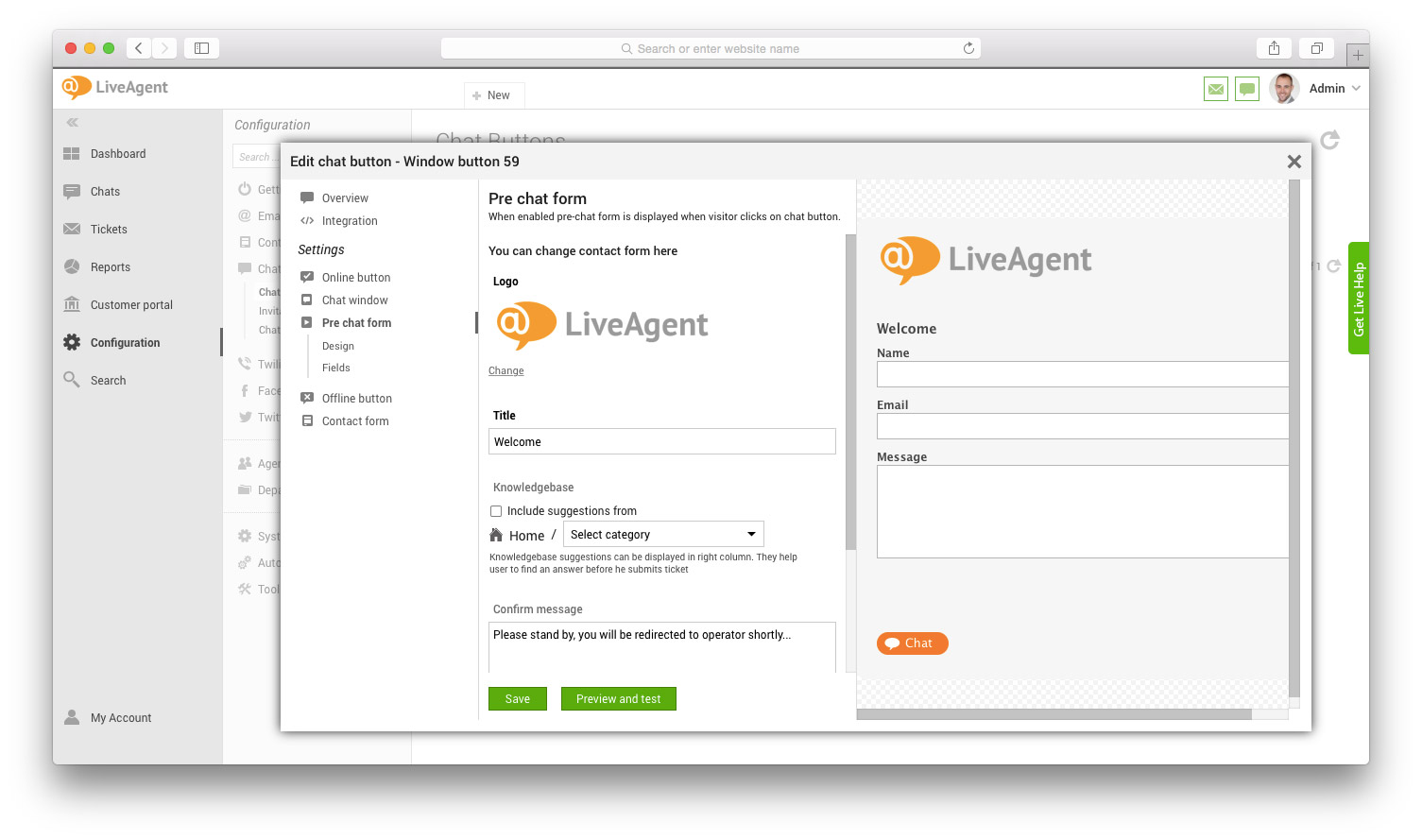 Okno formuláře před chatem s poli a náhledem