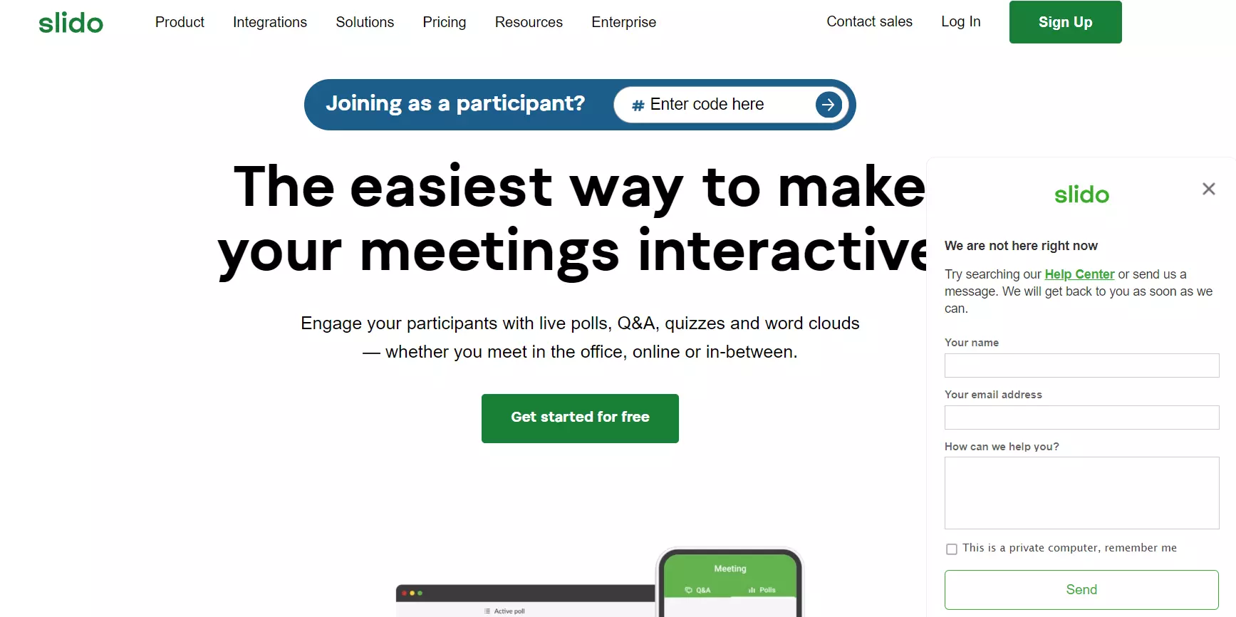 Domovská stránka Slido s jejich chatboxem