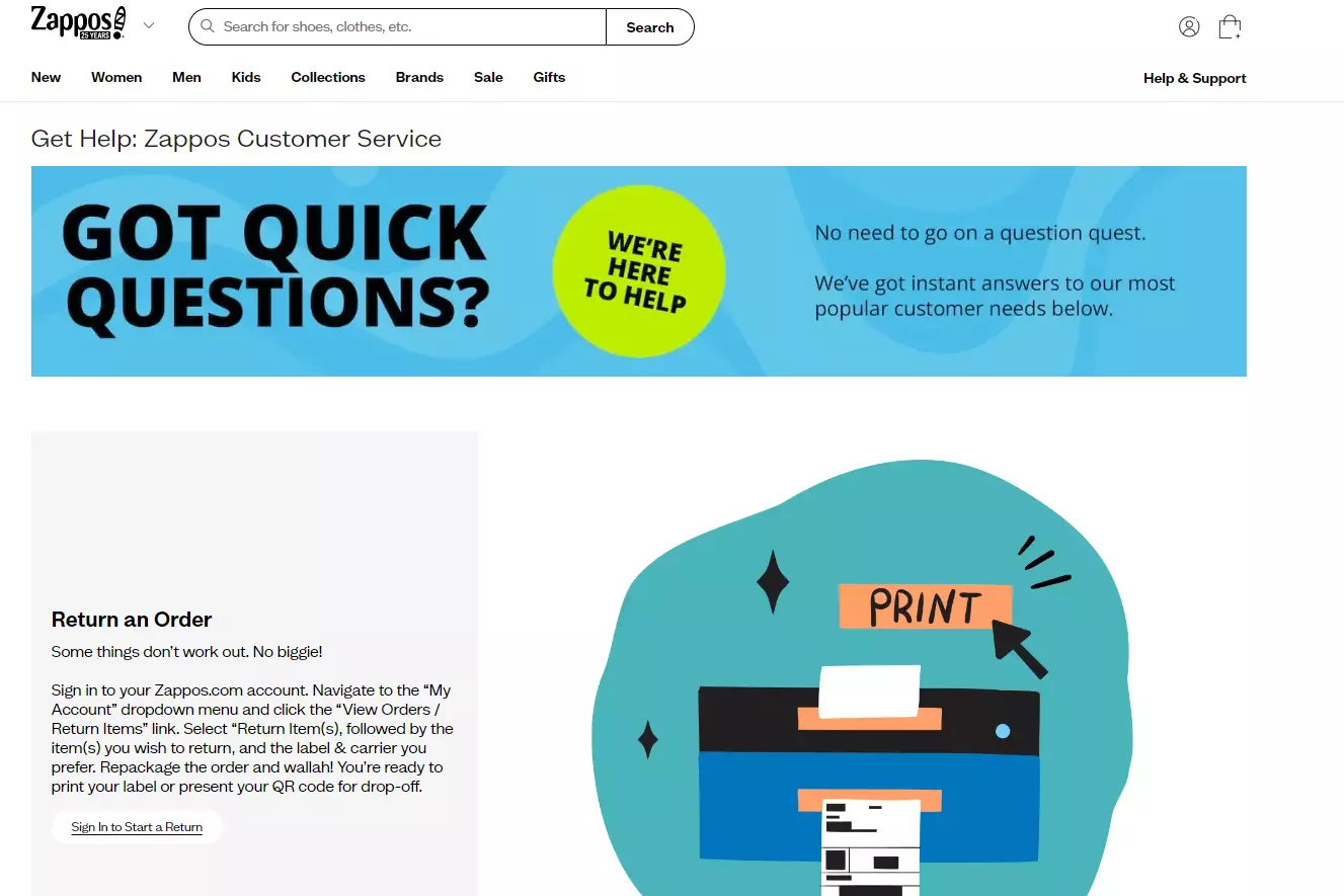 Stránka podpory Zappos zobrazující jejich možnosti podpory