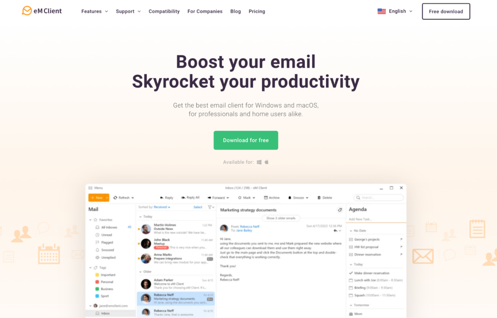 Domovská stránka eM Client