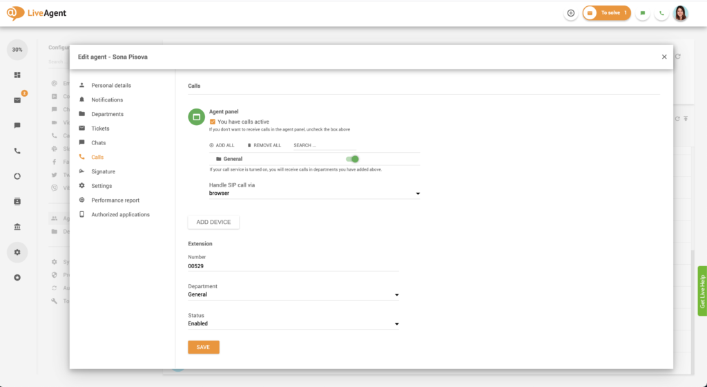 Nastavení hovorů agenta