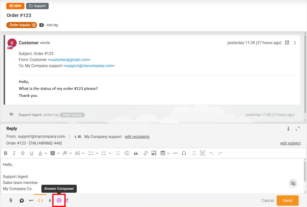 Tlačítko AI Answer Composer