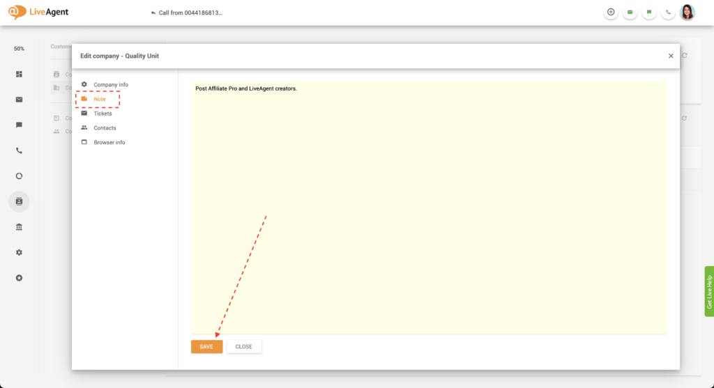 Poznámka o společnosti v LiveAgent
