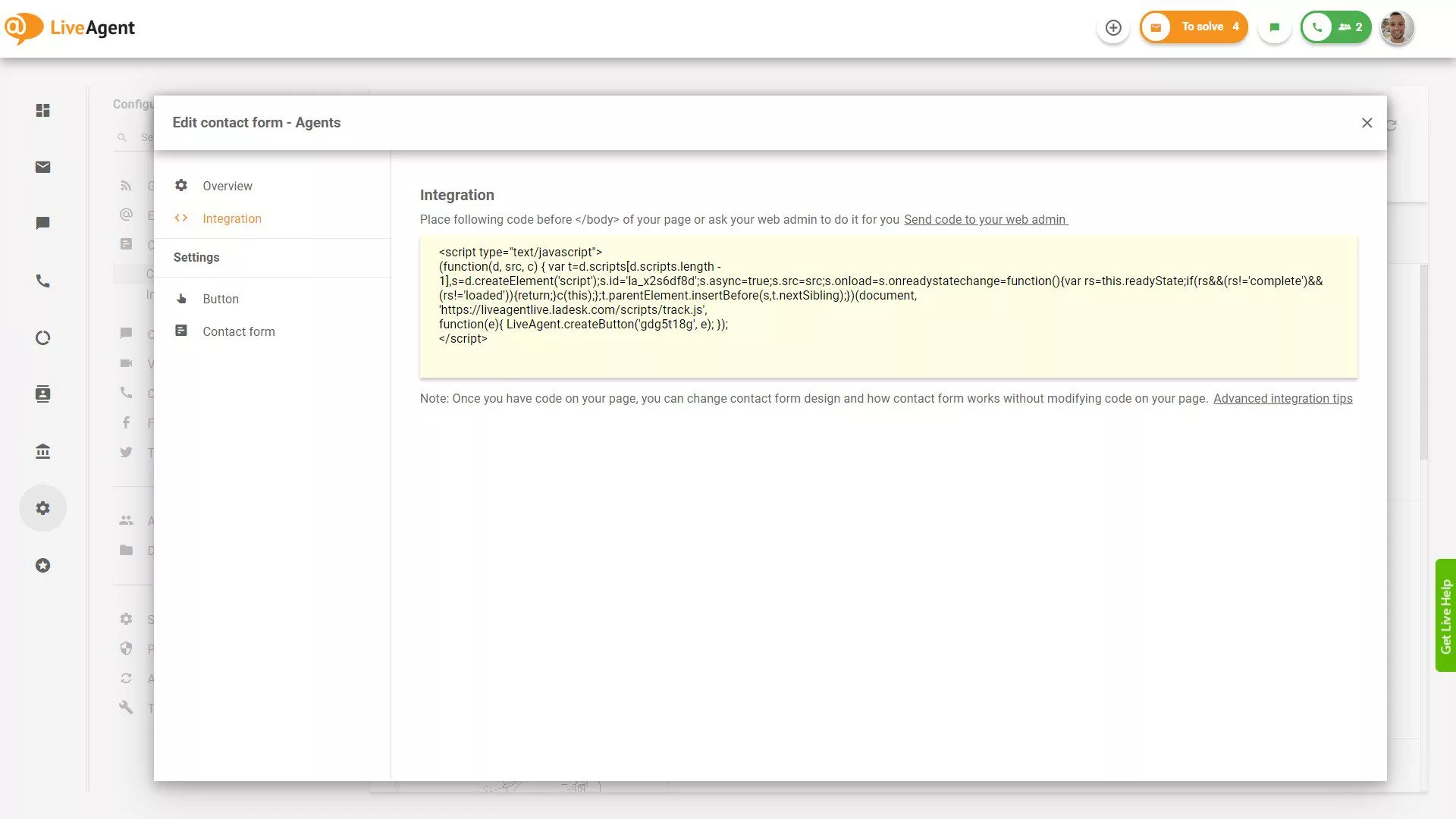 Kód integrace kontaktního formuláře LiveAgent