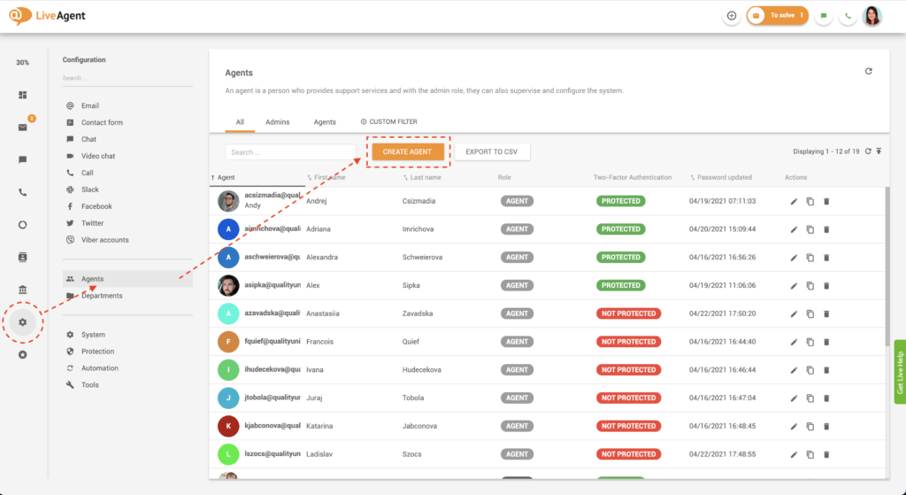 Tlačítko Vytvořit agenta