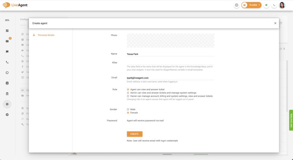 Formulář Vytvořit agenta