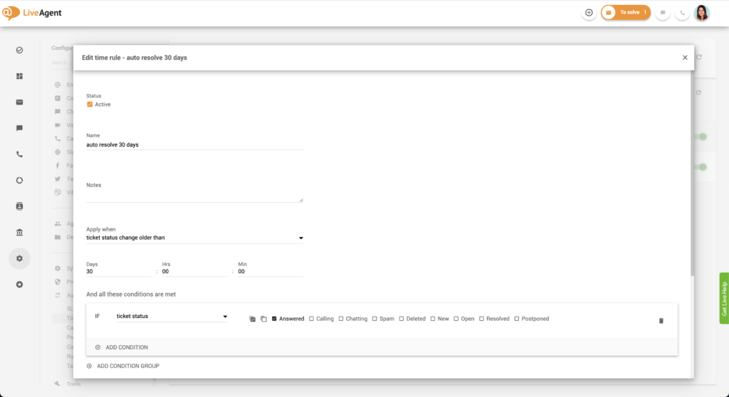 Úprava časového pravidla v LiveAgent