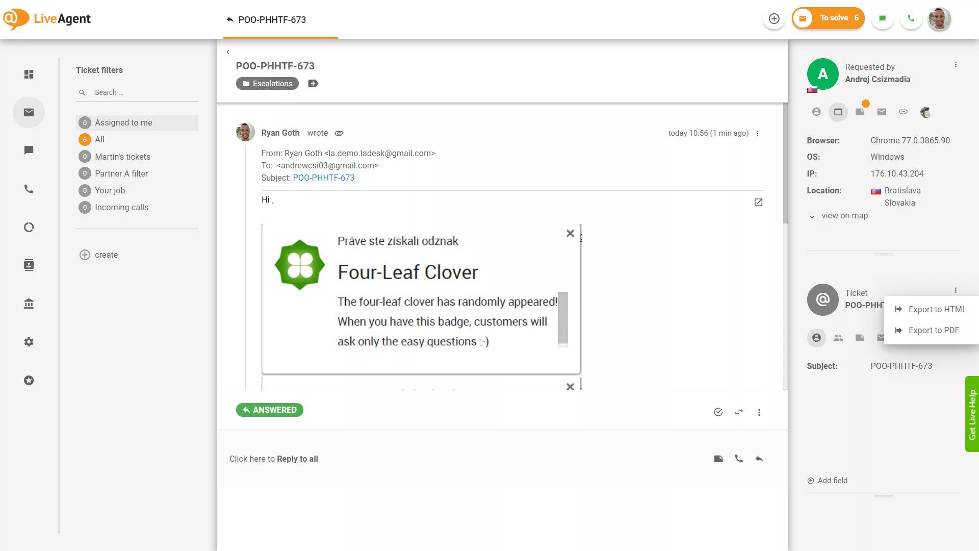 The ticket export feature, enabling exports into HTML and PDF format