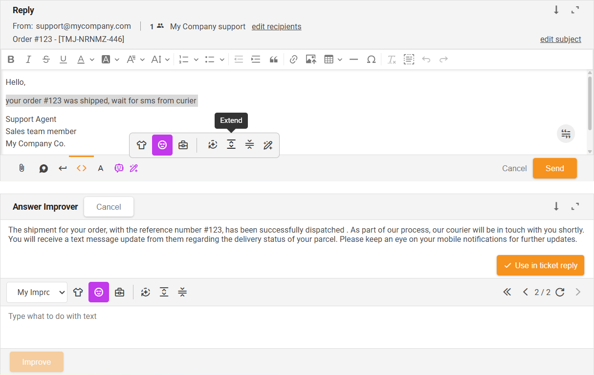 Funkce Rozšířit Zlepšovače odpovědí s AI – přehled rozhraní