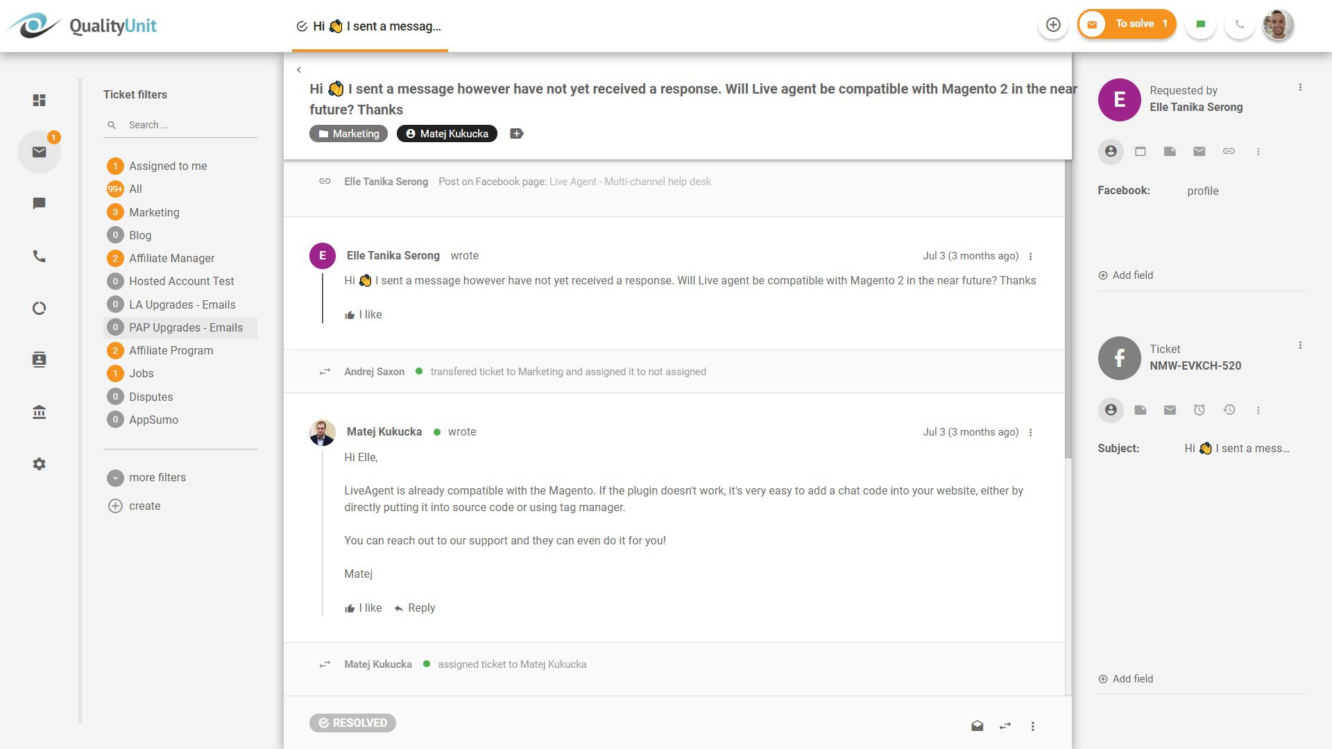 Odpovídání na příspěvky na Facebooku z LiveAgent