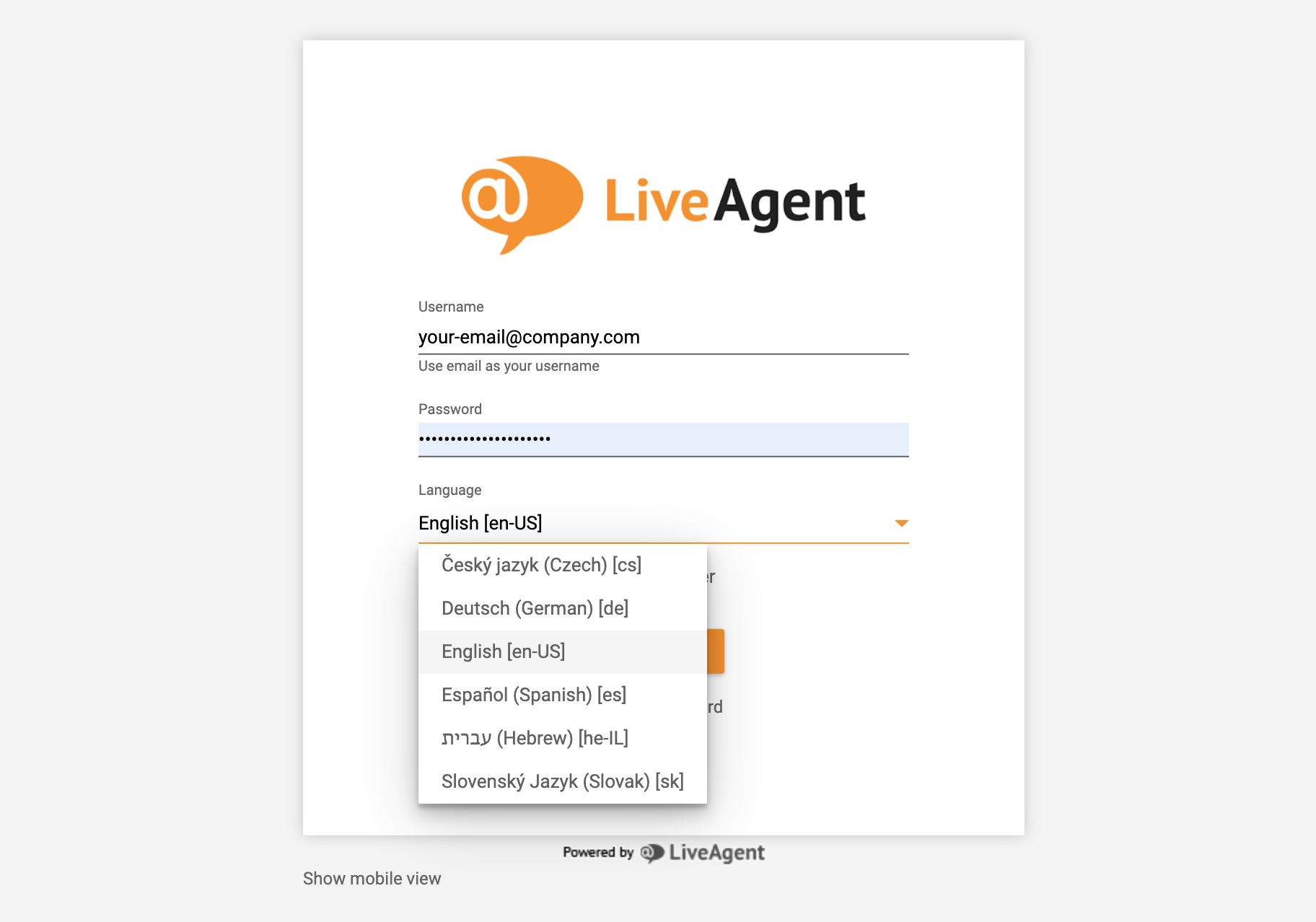 LiveAgent přihlášení - výběr jazyka