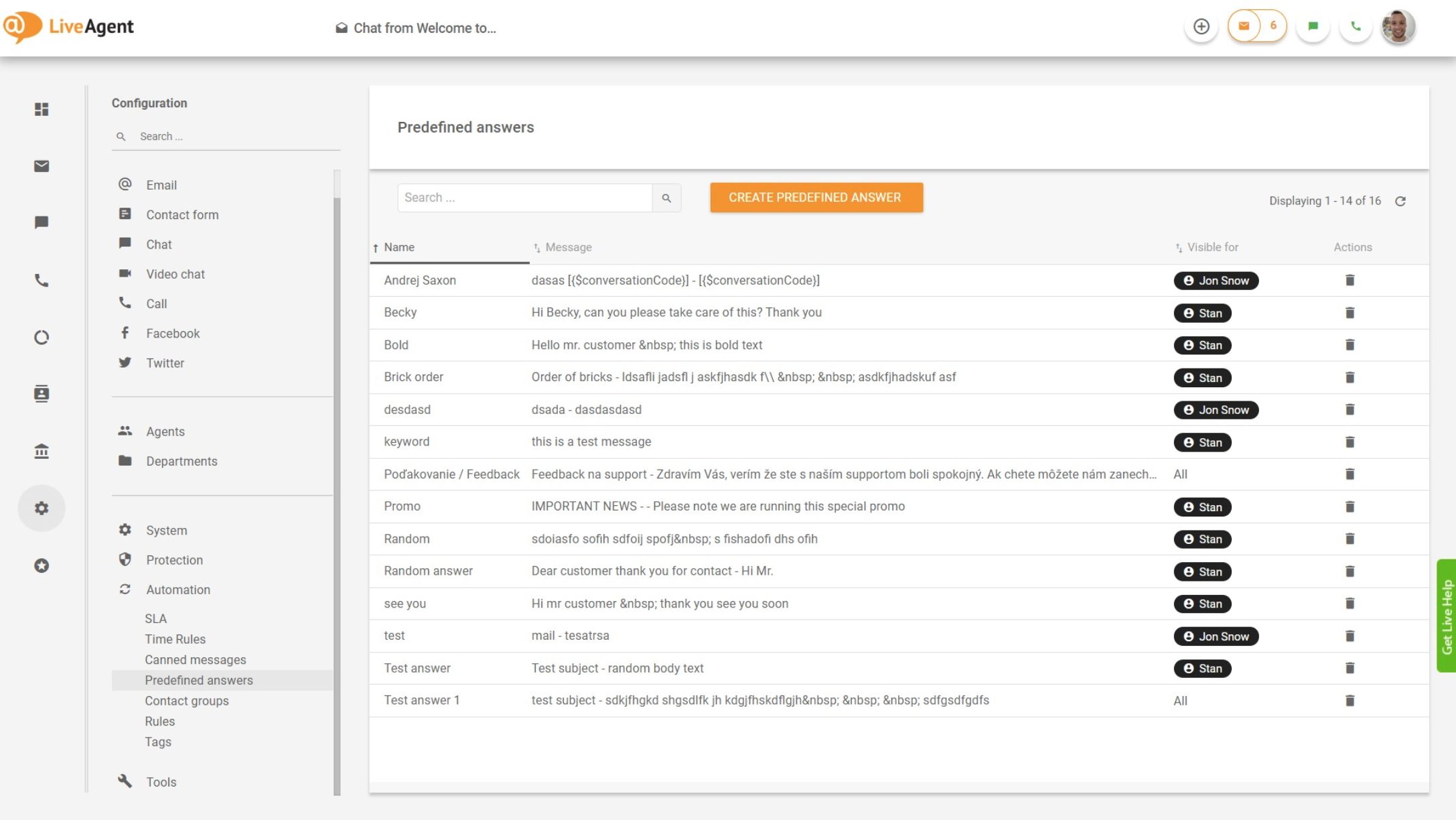 LiveAgent – Přehled předdefinovaných odpovědí