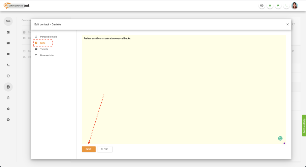 Uložení poznámky kontaktu v LiveAgent