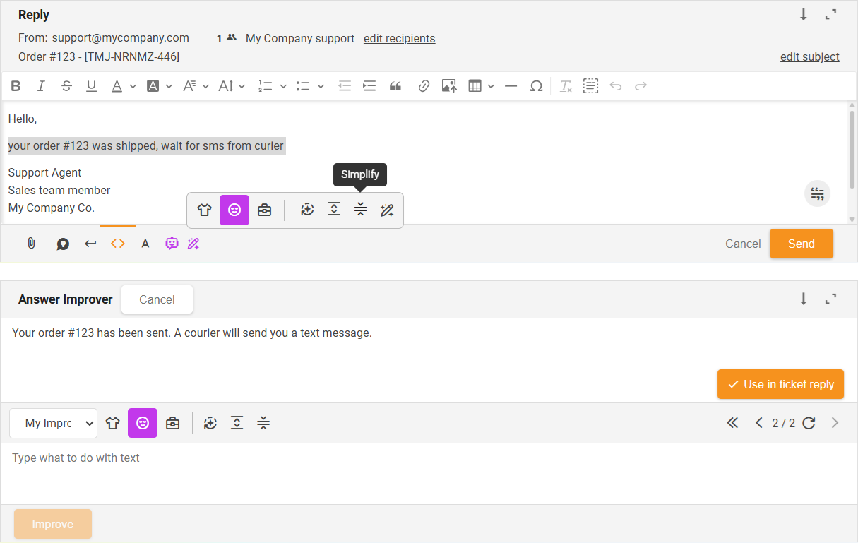 Funkce Zjednodušit Zlepšovače odpovědí s AI – přehled rozhraní