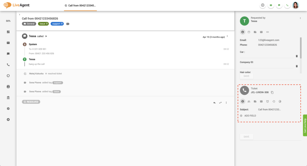 Panel s informacemi o tiketu v LiveAgent