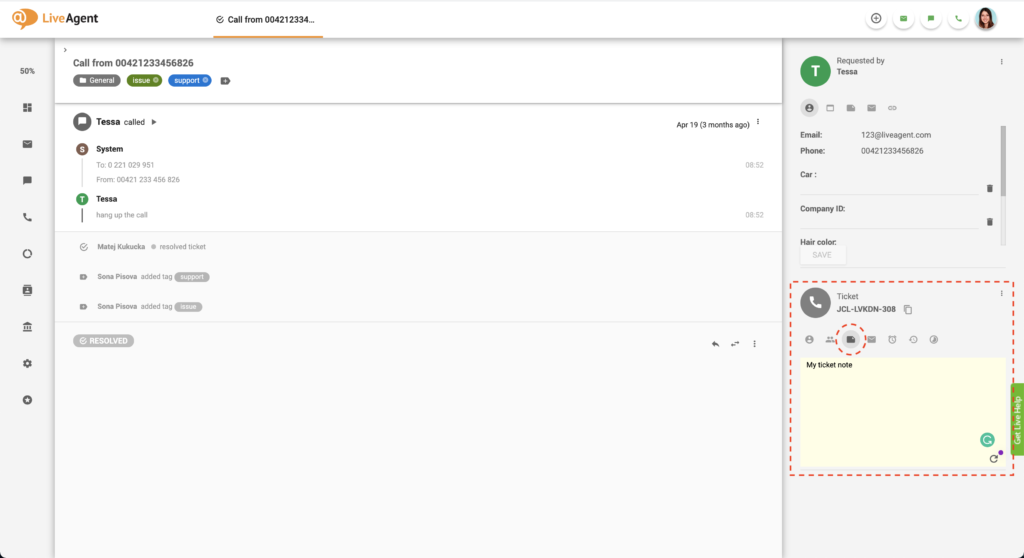Pole poznámky helpdesku tiketu