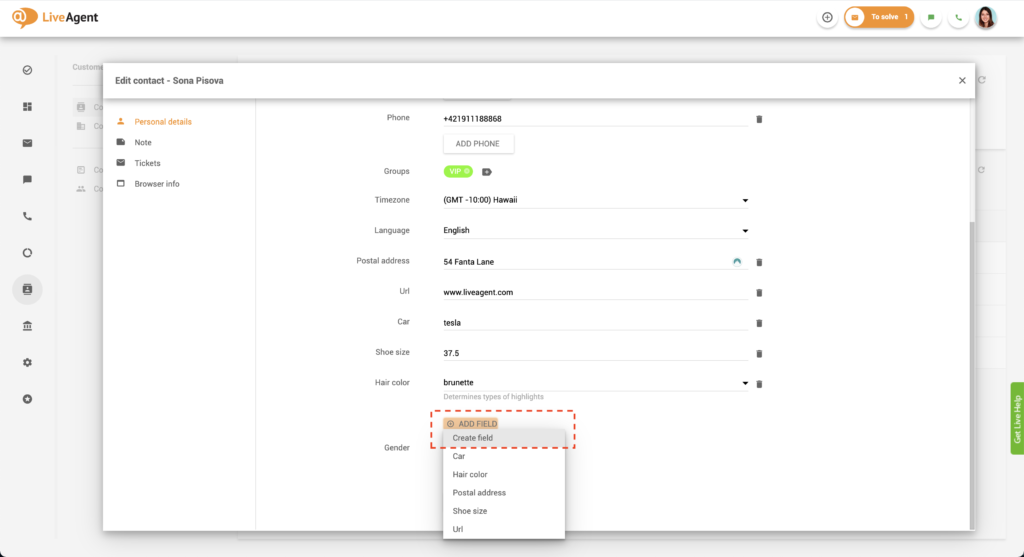 Vytvoření pole v kontaktu