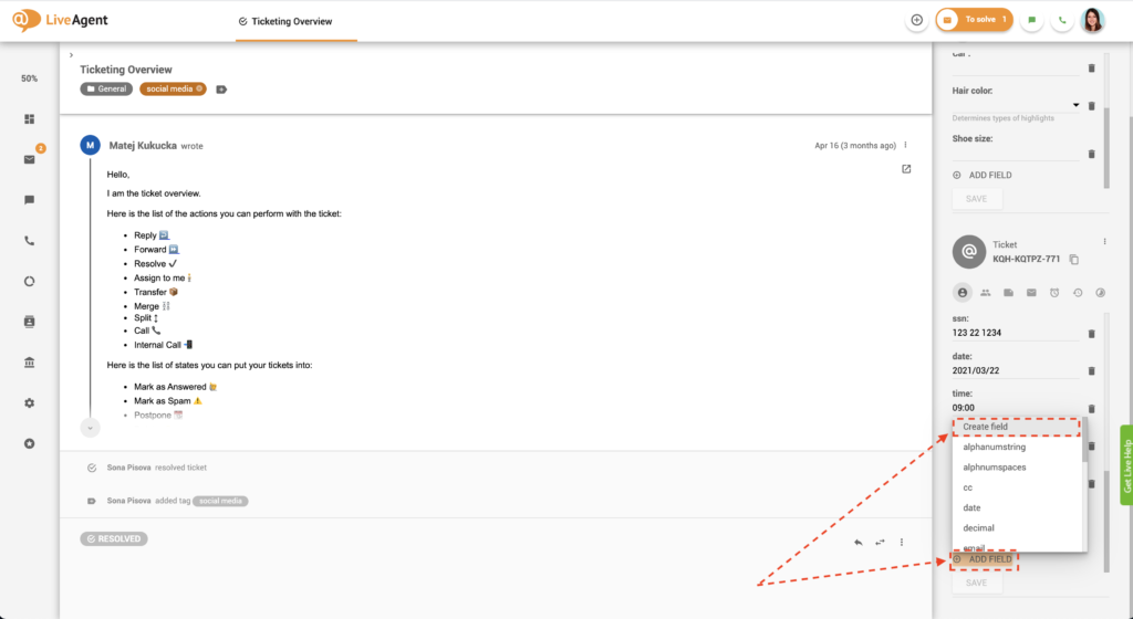 Přidání nového pole lístku v zobrazení lístku