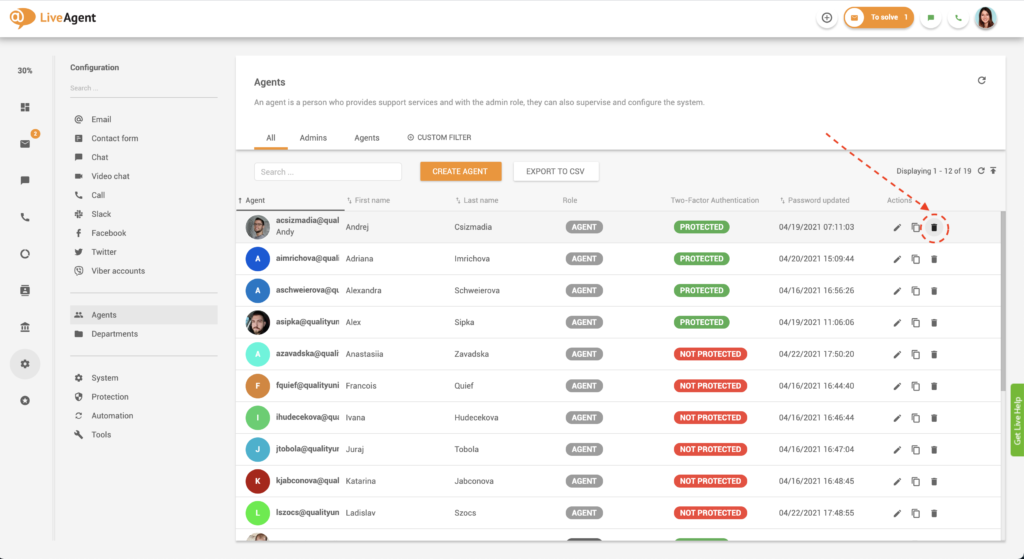 Tlačítko Odstranit agenta