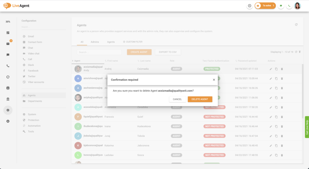 Potvrzení odstranění agenta