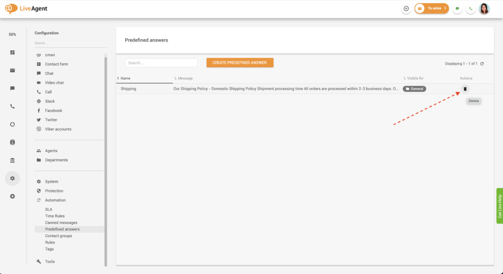 Odstranění předdefinované odpovědi v LiveAgent