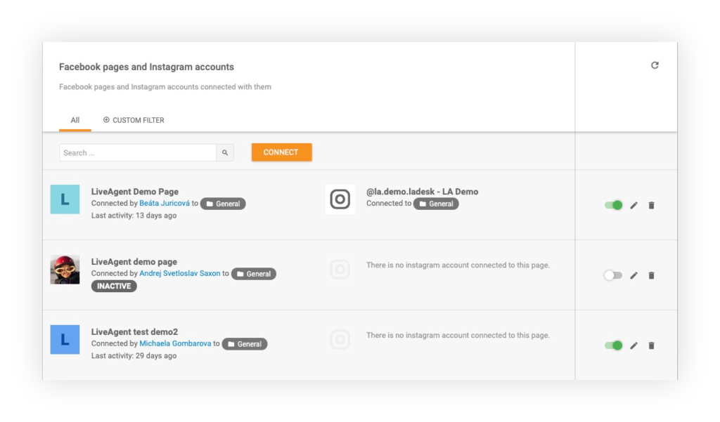 Připojení účtů Facebooku a Instagramu k LiveAgent