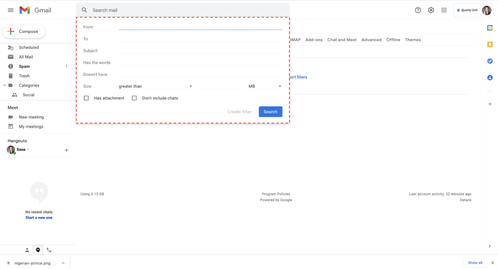 Příklad filtrování spamu v Gmailu 2