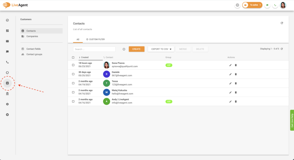 Hledání kontaktů v LiveAgent