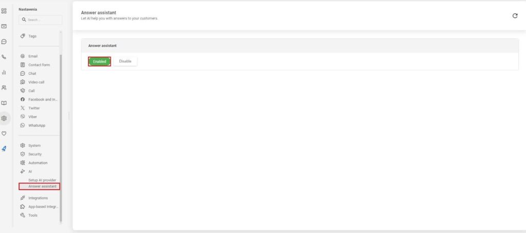 Obrázek ukazující, jak povolit answer assistant v LiveAgent