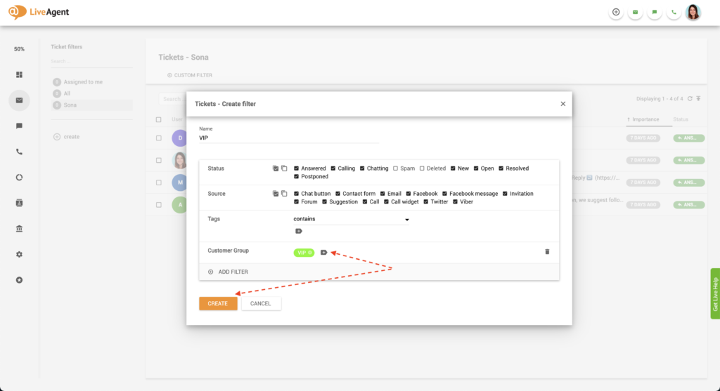 LiveAgent Přidat filtr VIP lístku