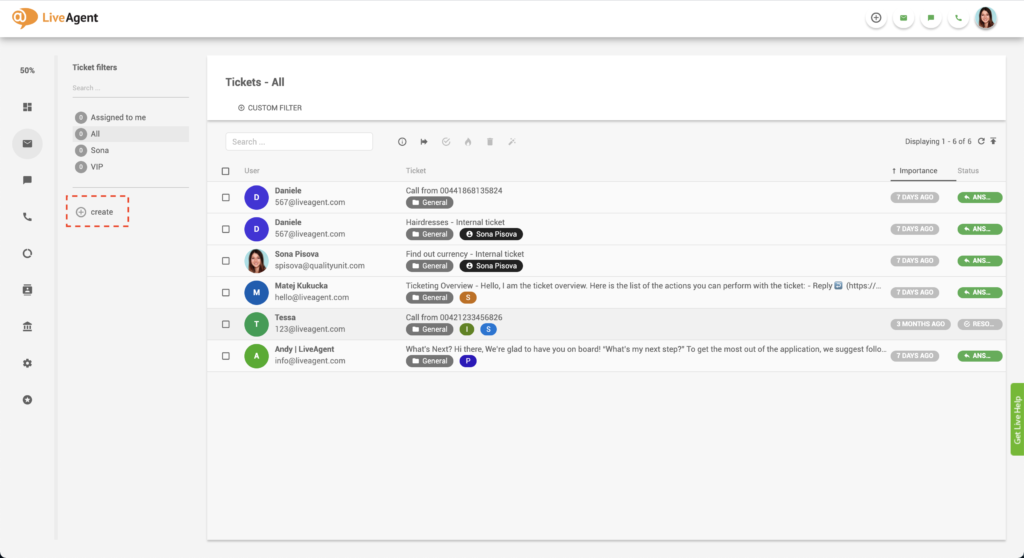 LiveAgent Vytvořit filtr