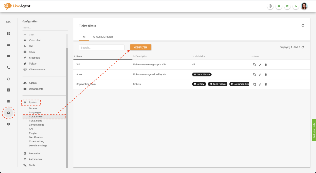 LiveAgent Vytvořit globální filtr