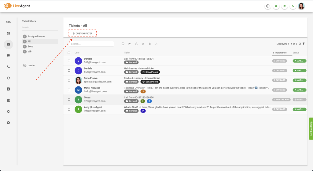 LiveAgent Vlastní filtr