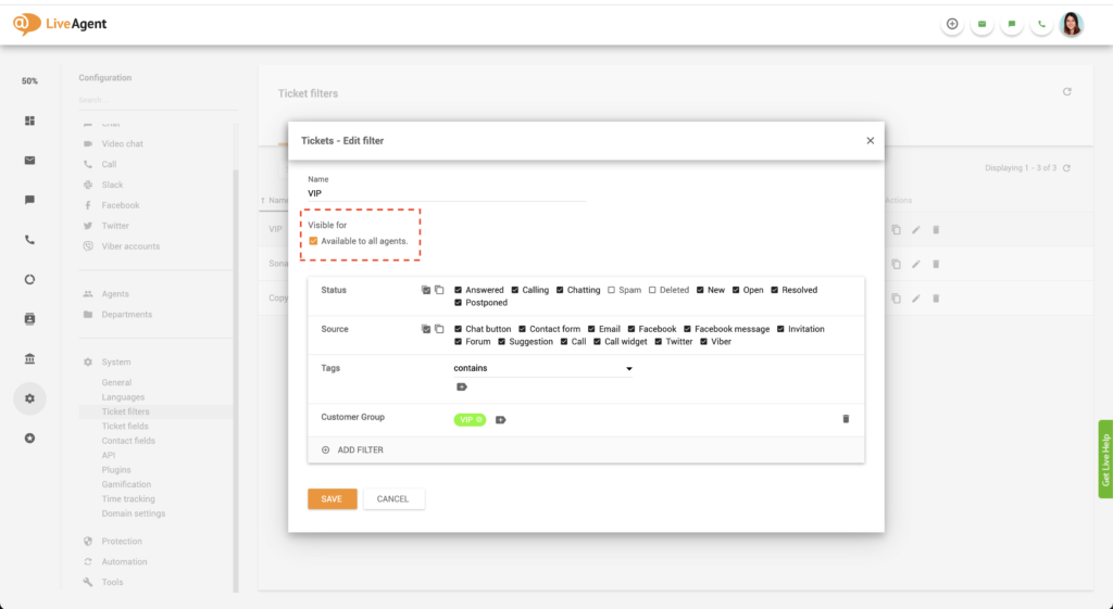 LiveAgent Upravit globální filtr