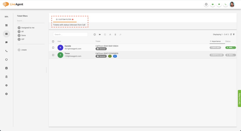 LiveAgent Filtrované lístky