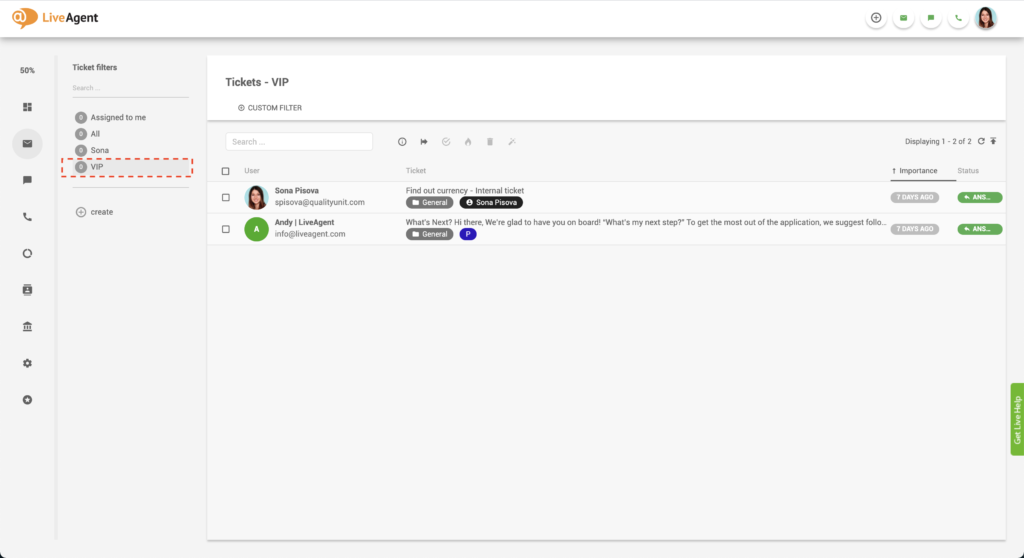LiveAgent Filtr VIP lístku