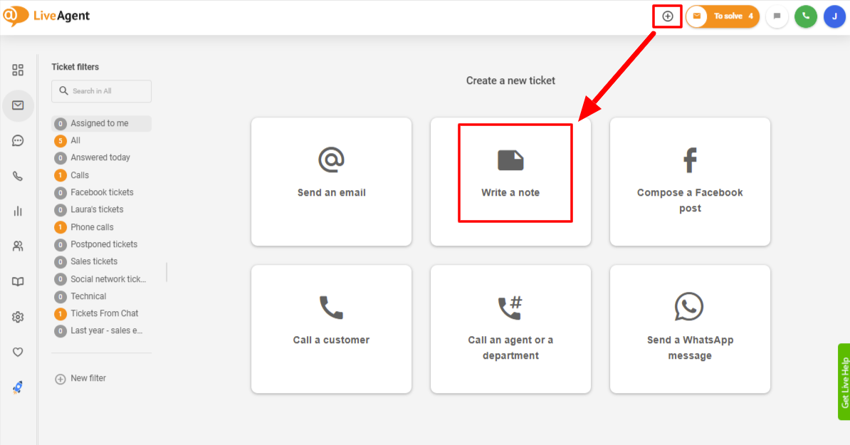 LiveAgent použití interních poznámek k vytvoření tiketu